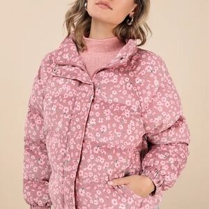 Lulu's Corduroy Puffer Jacket Pink Floral Print